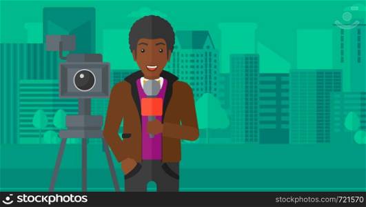 A camera filming and an african-american reporter standing with a microphone on a city background vector flat design illustration. Horizontal layout.. TV reporter working.