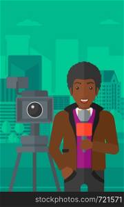 A camera filming and an african-american reporter standing with a microphone on a city background vector flat design illustration. Vertical layout.. TV reporter working.