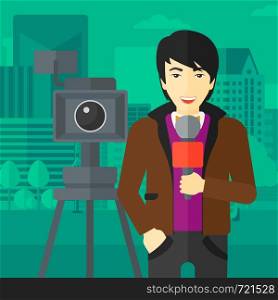 A camera filming and an asian reporter standing with a microphone on a city background vector flat design illustration. Square layout.. TV reporter working.