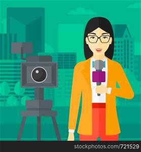 A camera filming and an asian reporter standing with a microphone on a city background vector flat design illustration. Square layout.. TV reporter working.