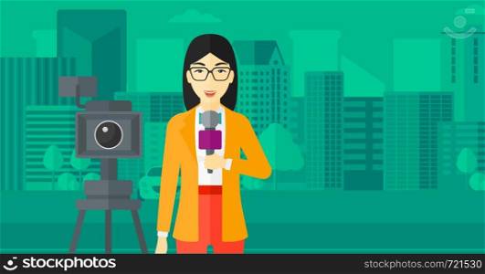 A camera filming and an asian reporter standing with a microphone on a city background vector flat design illustration. Horizontal layout.. TV reporter working.