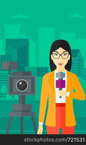 A camera filming and an asian reporter standing with a microphone on a city background vector flat design illustration. Vertical layout.. TV reporter working.