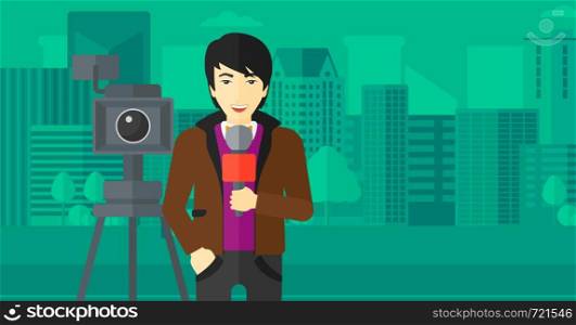 A camera filming and an asian reporter standing with a microphone on a city background vector flat design illustration. Horizontal layout.. TV reporter working.