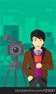 A camera filming and an asian reporter standing with a microphone on a city background vector flat design illustration. Vertical layout.. TV reporter working.