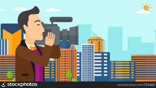 A cameraman with video camera taking a video on a city background vector flat design illustration. Horizontal layout.. Cameraman with video camera.