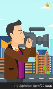 A cameraman with video camera taking a video on a city background vector flat design illustration. Vertical layout.. Cameraman with video camera.
