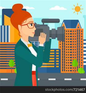 A camerawoman with video camera taking a video on a city background vector flat design illustration. Square layout.. Camerawoman with video camera.