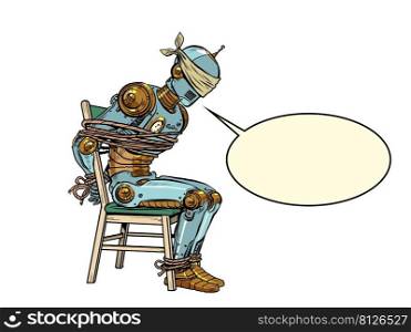 A captured robot under interrogation. Torture of artificial intelligence. Violence against a person, violation of rights. pop art Retro vector Illustration 50s 60s kitsch Vintage style. A captured robot under interrogation. Torture of artificial intelligence. Violence against a person, violation of rights