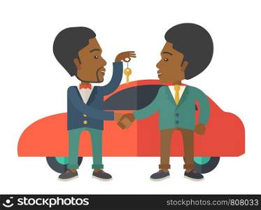 A Car sale handed to other man. Selling concept. A contemporary style. Vector flat design illustration with isolated white background. Horizontal layout.. Black man handed a key to other black man.