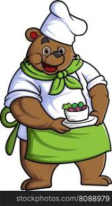 a cartoon bear wearing a chef s outfit, carrying a bowl of vegetables of illustration