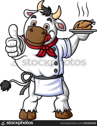 a cartoon cow smiling, wearing a chef's outfit, and posing with a thumbs up of illustration