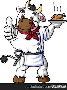 a cartoon cow smiling, wearing a chef's outfit, and posing with a thumbs up of illustration