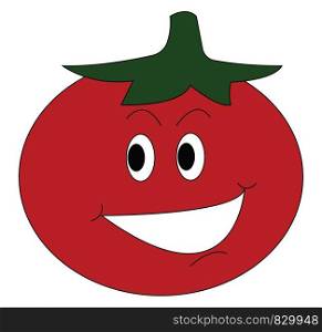 A cartoon drawing of a happy tomato with eyes eyebrows mouth and chin vector color drawing or illustration