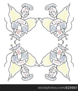 A cartoon frame of four angles with two of them inverted at the bottom wearing blue and red clothing having yellow wings and blue cap vector color drawing or illustration
