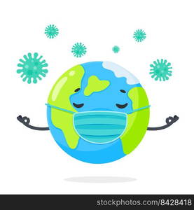 A cartoon globe wearing a mask The concept of quarantine in the home to prevent the coronavirus.