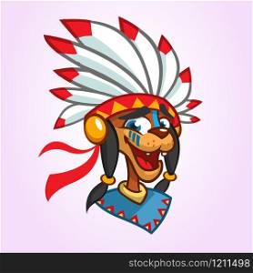 A cartoon illustration of a Native American icon. Vector illustration of native american chief with feathers on his head