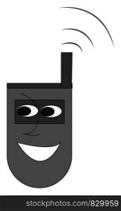A cartoon image of an old black color flip phone with an antenna and a smiling face drawn on it vector color drawing or illustration