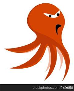 A cartoon octopus in orange color with a sad or angry face vector color drawing or illustration