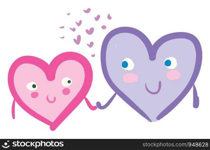 A cartoon of a 2 happy hearts holding hands and a little hearts in between, vector, color drawing or illustration.