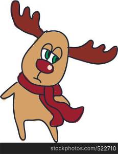 A cartoon of a deer with green eyes wearing a long red scarf looking sad vector color drawing or illustration
