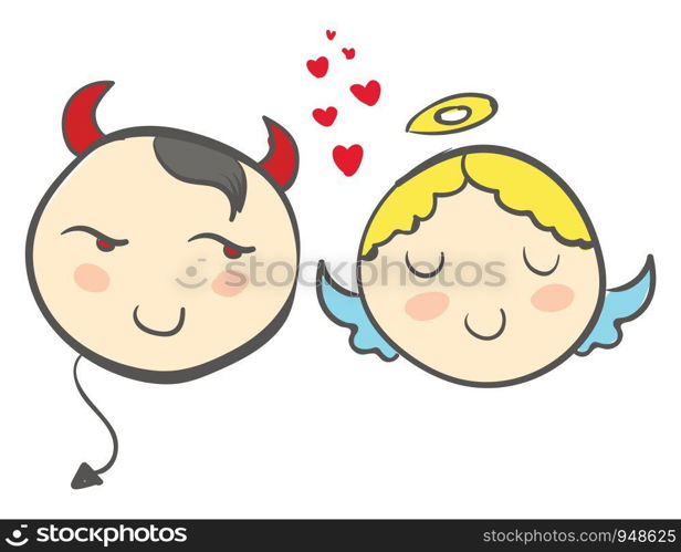A cartoon of a devil and an angel and a red heart in between, vector, color drawing or illustration.
