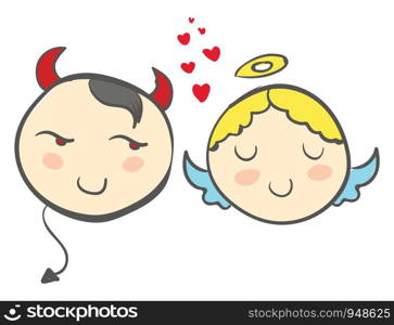 A cartoon of a devil and an angel and a red heart in between, vector, color drawing or illustration.