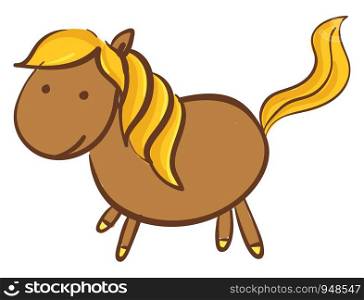 A cartoon of a funny looking brown horse with a gold colored tail, vector, color drawing or illustration.