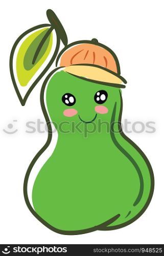 A cartoon of a happy green pear with a rosy cheeks and a hat, vector, color drawing or illustration.