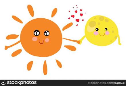 A cartoon of a happy sun and moon holding hands with a small red hearts in between, vector, color drawing or illustration.