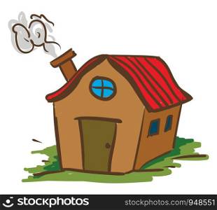 A cartoon of a house with a red roof and a smoke coming out from the chimney, vector, color drawing or illustration.