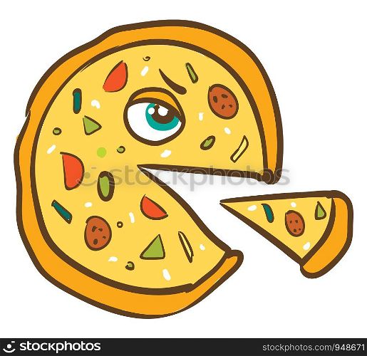 A cartoon of a monster pizza shaped like Pac-man, vector, color drawing or illustration.