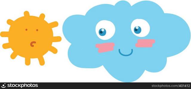 A cartoon of a sun and cloud looking at each other vector color drawing or illustration
