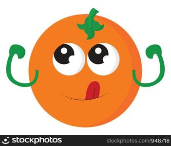 A cartoon of an orange fruit with cute eyes and a red stuck out tongue, vector, color drawing or illustration.