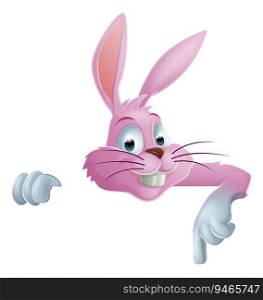 A cartoon pink Easter bunny rabbit on top of a sign pointing down at the message. Pink Easter bunny rabbit top pointing