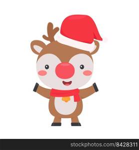 A cartoon reindeer wearing a red christmas hat is having a happy winter christmas day.