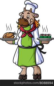 a cartoon sheep working as a chef, carrying two plates of food of illustration