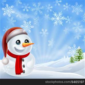 A cartoon snowman standing in a snow covered Christmas landscape winter scene. Christmas Snowman in Winter Scene
