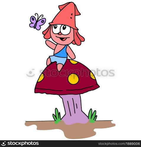 a cartoon squid sitting on a mushroom tree. cartoon illustration sticker mascot emoticon