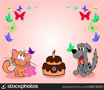 A cat and a dog next to a cake and butterflies congratulate everyone on the holiday.