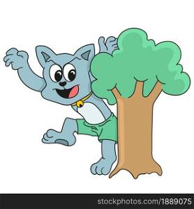 a cat hiding behind a tree. cartoon illustration sticker emoticon
