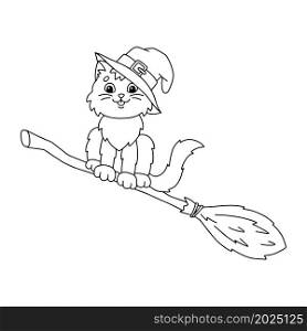 A cat in a witch hat flies on a broomstick. Coloring book page for kids. Cartoon style character. Vector illustration isolated on white background.