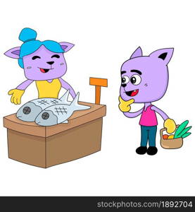 a cat is buying fish at the market. cartoon illustration cute sticker