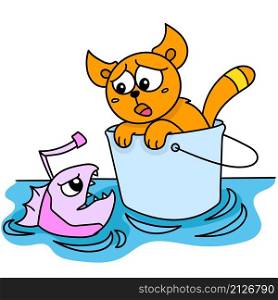 a cat on a bucket washed away and met a fish