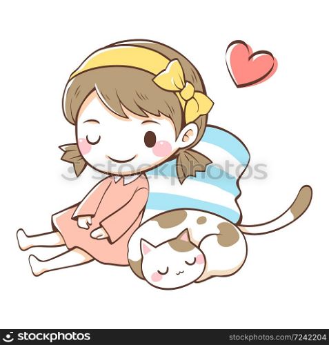 A cat sleeping next to a girl on white background, Cute character cartoon Vector illustration, Suitable for sticker, Children's books and card.