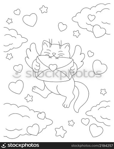 A cat with wings carries a love letter. Coloring book page for kids. Valentine&rsquo;s Day. Cartoon style character. Vector illustration isolated on white background.