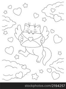 A cat with wings carries a love letter. Coloring book page for kids. Valentine&rsquo;s Day. Cartoon style character. Vector illustration isolated on white background.