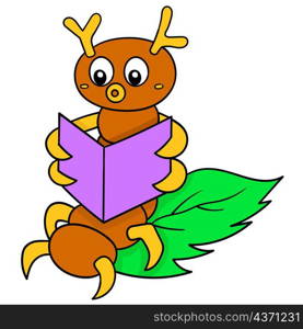 a caterpillar insect is sitting on a lead reading a book