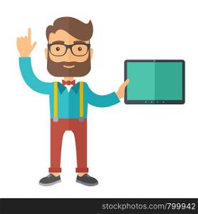 A caucasian businessman holding tablet and smiling. A Contemporary style. Vector flat design illustration isolated white background. Square layout. Businessman holding tablet and smiling