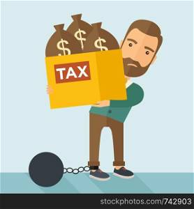 A Caucasian businessman locked in a debt ball in chain for commiting crime in tax ivasion. Debt concept. A Contemporary style with pastel palette, soft blue tinted background. Vector flat design illustration. Square layout. . Businessman locked in a debt ball and chain.