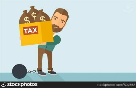 A Caucasian businessman locked in a debt ball in chain for commiting crime in tax ivasion. Debt concept. A Contemporary style with pastel palette, soft blue tinted background. Vector flat design illustration. Horizontal layout with text space in right side.. Businessman locked in a debt ball and chain.